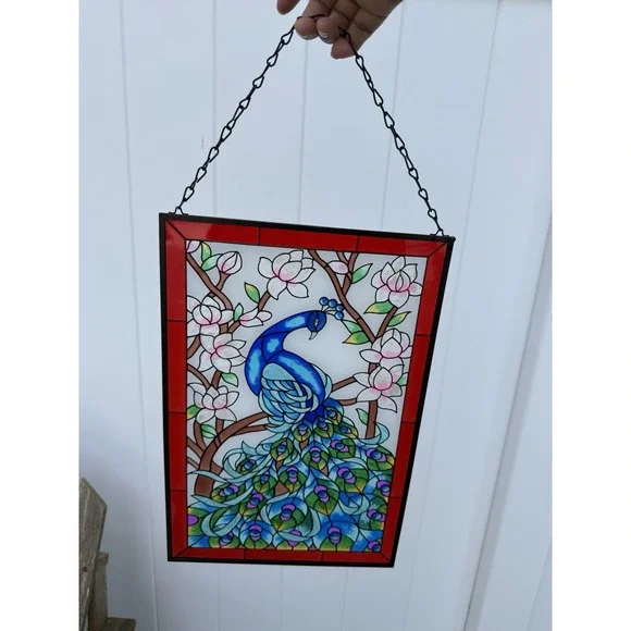 Peacock‎ Tiffany Style Stained Glass Window Panel Hangings with Chain NIB 15x10