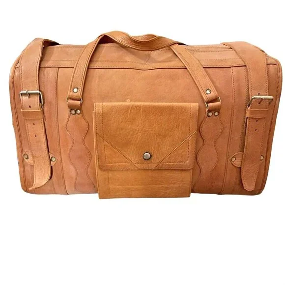 Vintage Tan Leather Duffel Bag Rustic Travel Weekender Overnight Luggage u