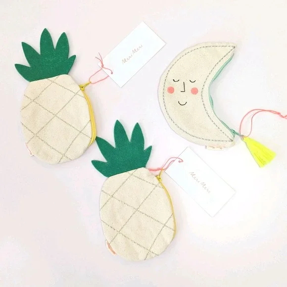 Meri Meri Coin Purse Lot Moon & Pineapple Shape Canvas Embroidered Zipper Pouch