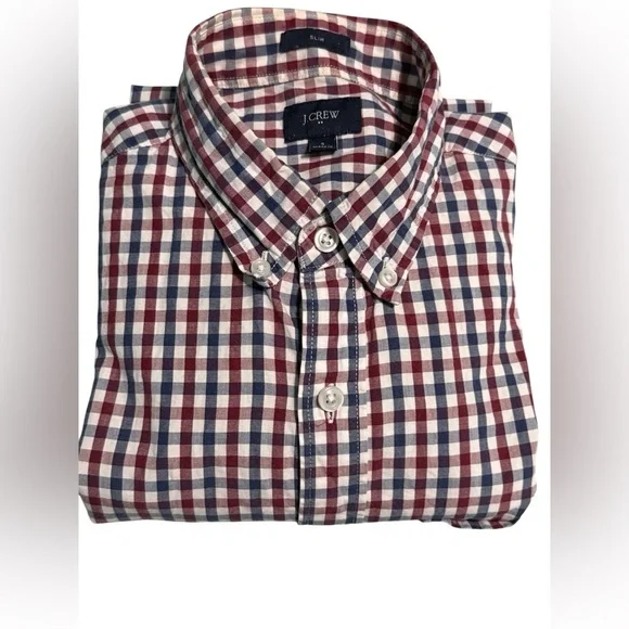 J. Crew Men's Burgundy and Navy Plaid Shirt