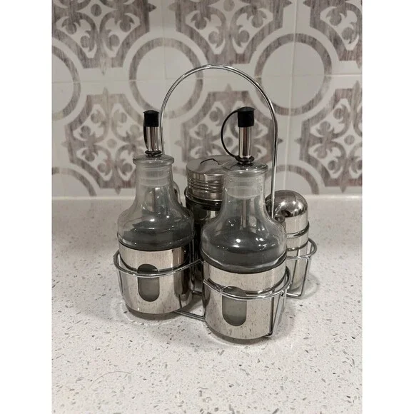 VTG Oil Vinegar‎ Salt Pepper Cruet Set Caddy w/Handle