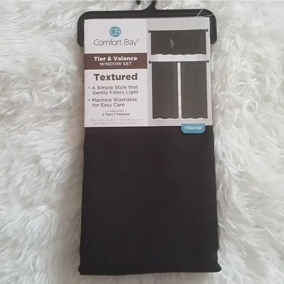 NEW 3‎ pc set Tier & Window Valance Curtains Black