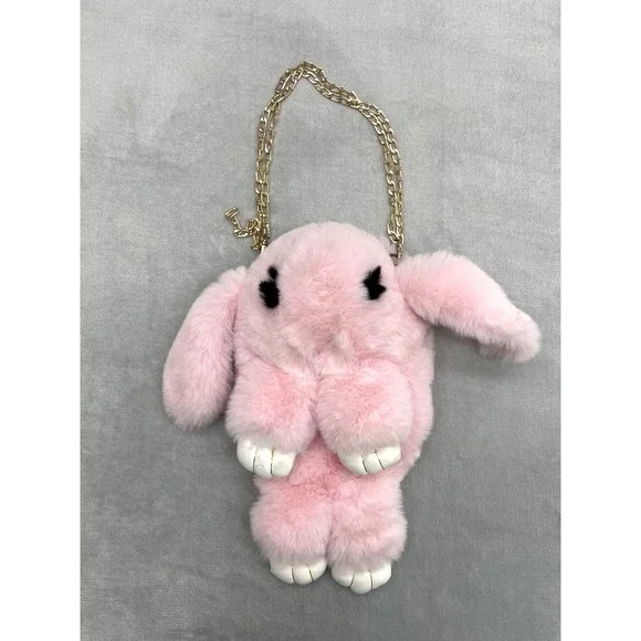 Pink Plush Bunny Rabbit Bag Purse with Gold Chain – Faux Fur – 13