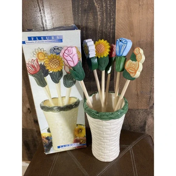 Wooden Cooking Utensil 6 Hand‎ Painted Flower Handle Ceramic Basket Tool Holder