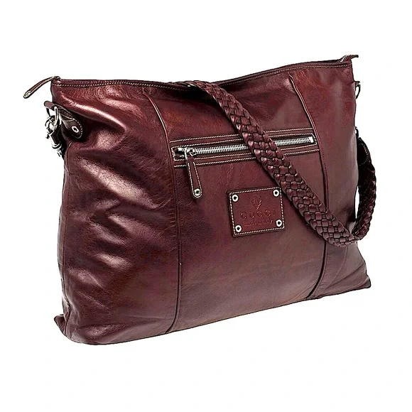 GUCCI Leather Top Zip Overnight Travel Laptop Work Messenger Bag w Woven Strap