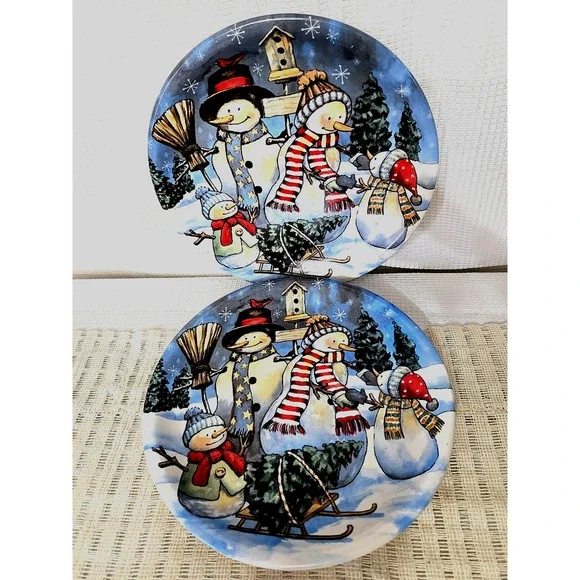 Set FLAWLESS Vtg Snowman Family Christmas Tree Sled Birdhouse 10¾