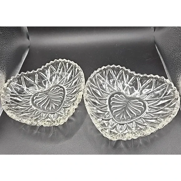 Set Heart Shaped Dish Sawtooth Edge Early American Pressed Glass Candy Trinket
