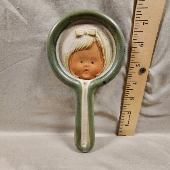 Vintage Baby Girl With Hairbow Mirror Shape Pottery Spoon Rest Made In Japan