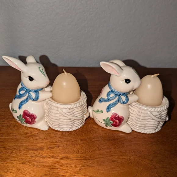 Lenox Poppies on Blue Bunny Rabbit Votive Candle Holder Figurines