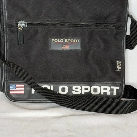 Vtg Polo Sport Ralph Lauren messenger black bag nylon Y2K USA flag‎ logo 11x11x2