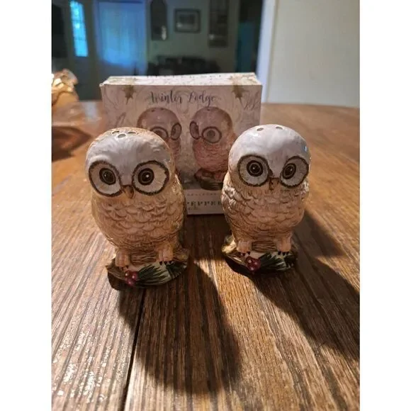 New CIB Winter Lodge Owl Salt Pepper Shaker Set Ceramic Kitchen Decor