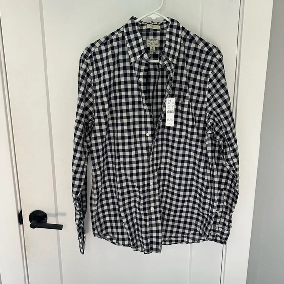J. Crew Navy and White Gingham Classic Fit Medium Shirt