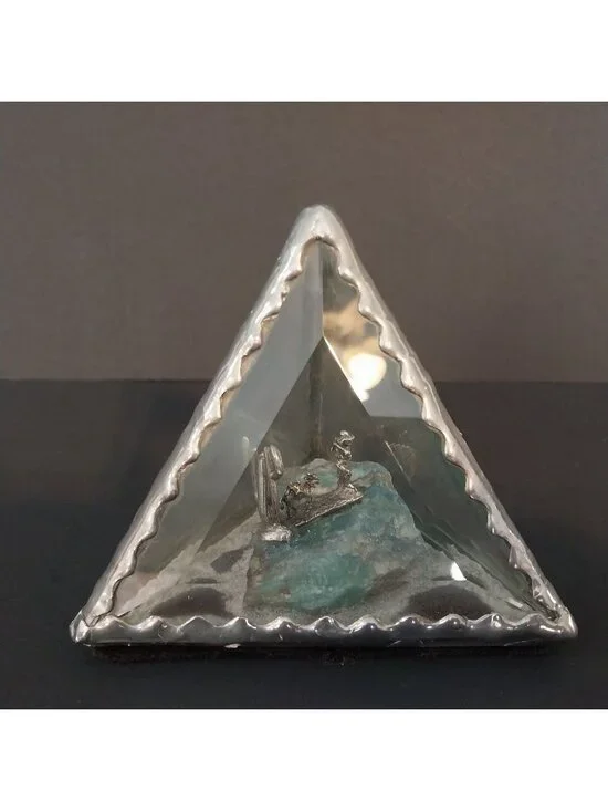 Beveled Glass And Pewter Pyramid Shaped Diorama Gold Miner Cactus Mule Burro
