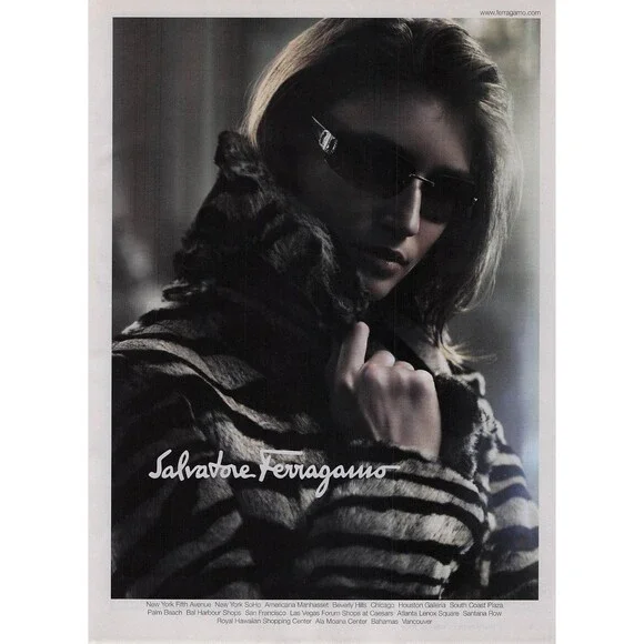 2004 Salvatore Ferragamo fashion sexy woman sunglasses fur coat print ad photo