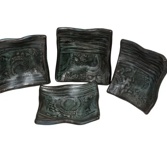 Art Pottery Sauce/ Ring/ Chopstick Holders x4‎ Art Pottery Abstract Green rustic