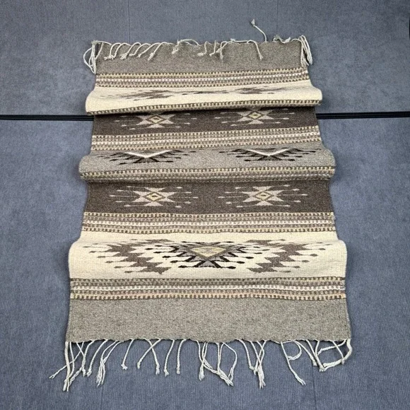 Vintage Mexican Handwoven Wool Rug Grey Cream Geometric Diamond Runner 24x42
