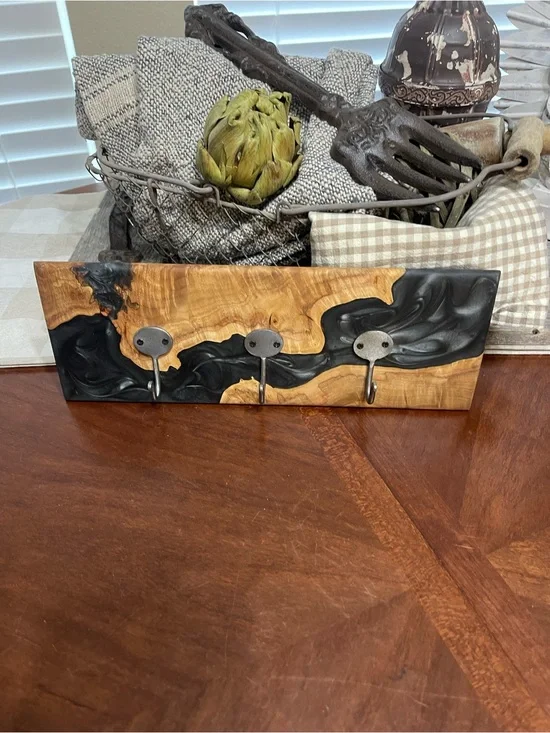 Handmade Olive?  Wood & Epoxy  Rack: Rustic Wall Hook Organizer
