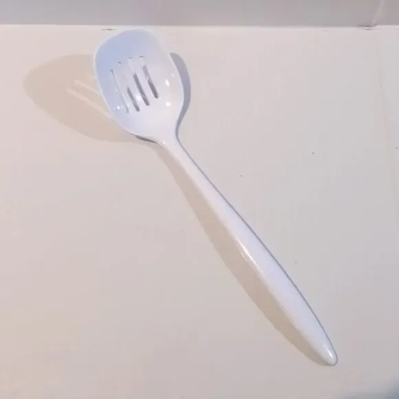Vintage Mala Melamine Slotted Serving Spoon-White-1980s-Non Stick Safe-11.5