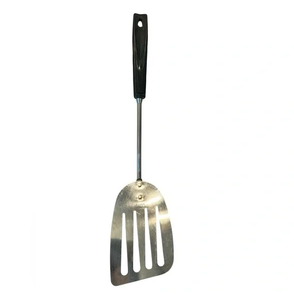 Vintage Ekco Keyhole Slotted Spatula USA Metal Chrome Black Handle 13