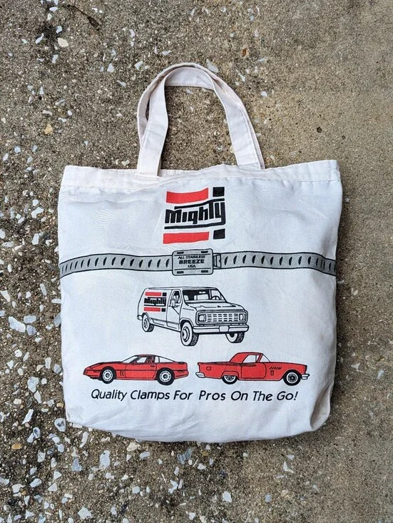 Cream Canvas Tote Bag with Vintage Red Car Graphics