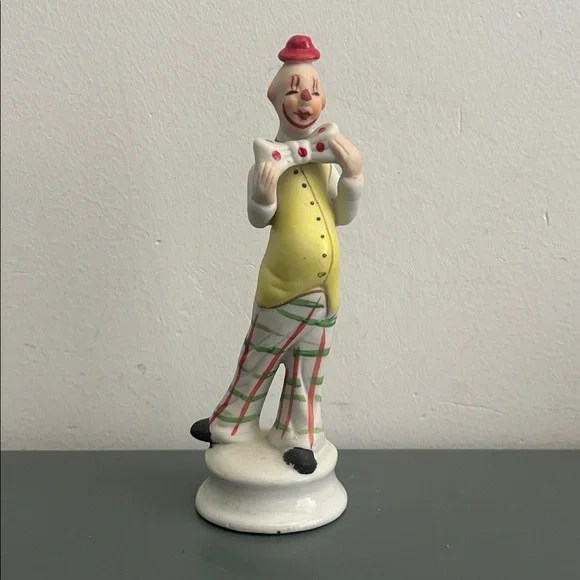 Vintage Ceramic Clown Figurine in Yellow, White & Red