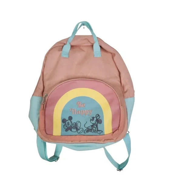 DISNEY Backpack Kids One Size Pink Blue Be Happy Mickey Minnie Mouse Rainbow Bag