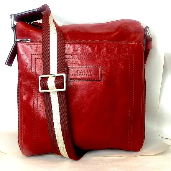 BALLY Red Leather Top Zip Messenger Shoulder Bag w/ Red White Striped Strap