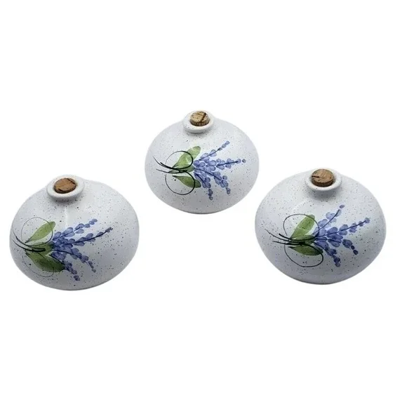 Set of 3‎ Ceramic Bottles Lavender Design Cork Stopper Vases Home Decor
