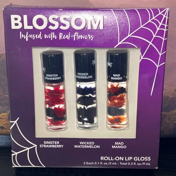 Blossom Roll-On Lip Gloss Set Infused With Real Flowers 3 Flavors Halloween