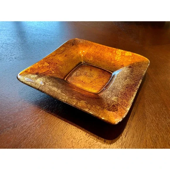Vintage CIVE Italy Murano Gold Crackle Amber Art Glass Square Trinket Dish Tray
