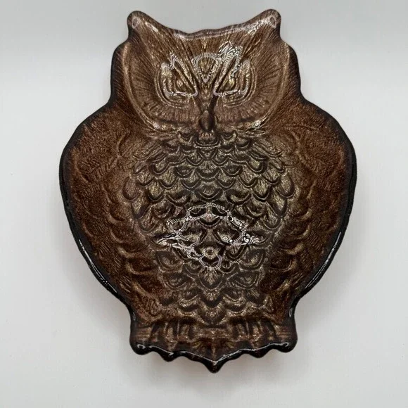 Vintage Owl Glass Dish Trinket‎ Candy Tray Brown Metallic Shimmer Accent Decor