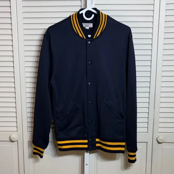 J.Crew Wallace & Barnes Navy Yellow Stripe Crew Neck Cotton Varsity Jacket Small