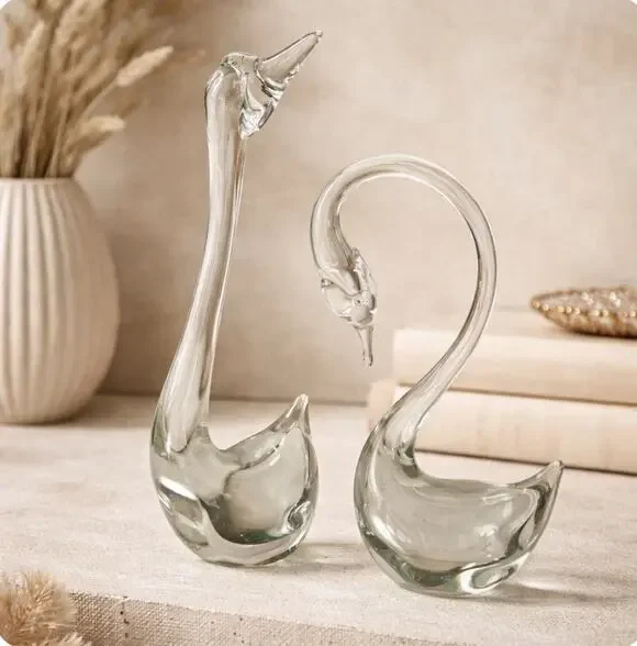 Vintage MCM Pair of Clear Hand Blown Glass Swans Smooth Pontil Quality Versatile