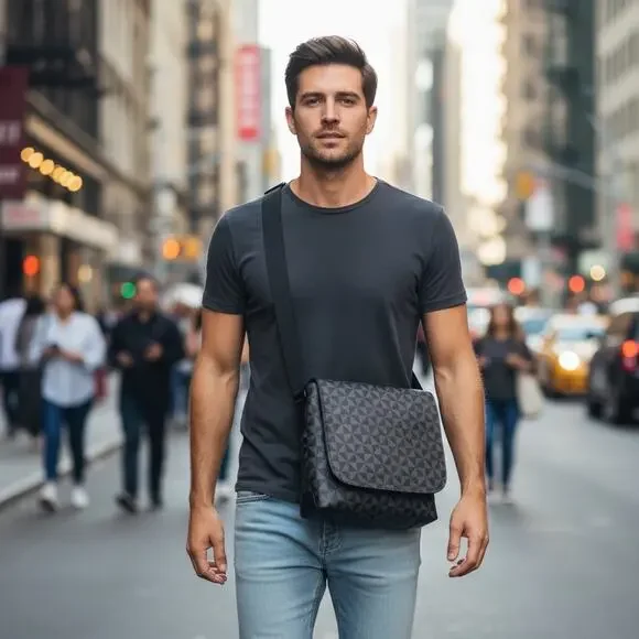 Geometric Pattern Grey and Black Flap Messenger Bag