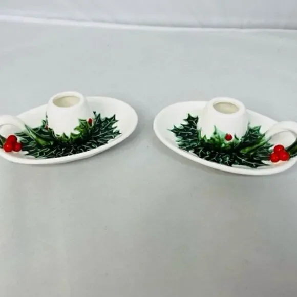 2 Lefton White Green Holly Berry Candle Holders - No 1341 The item size is 5