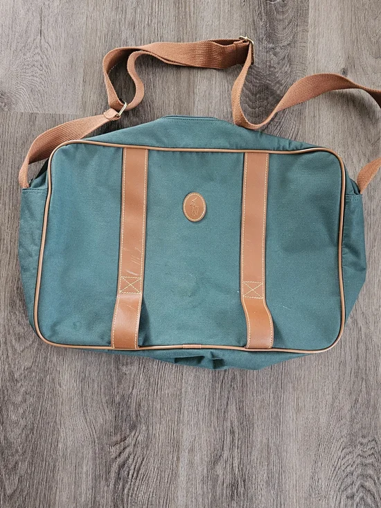 Vintage Ralph Lauren Green Canvas Messenger Bag with Brown Trim