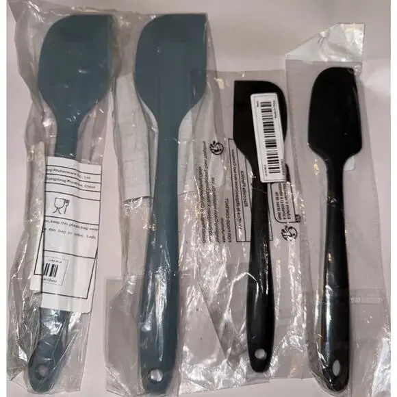 NWT Black Silicone Spatula And Scraper And Two Large Country Blue Spatulas