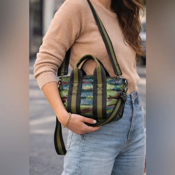 THINK ROYLN Think R LIL MAMA Camo Puffer Mini Tote Crossbody Green Black NWOT