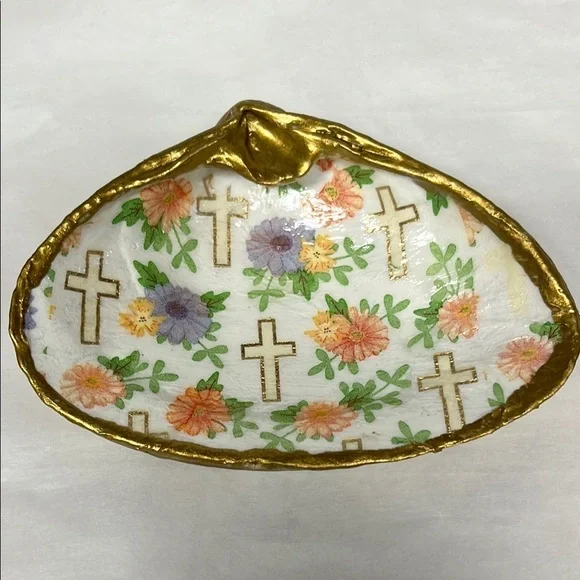 Handmade Faith Inspired Floral Shell Ring Dish Gold Rim Christian Gift