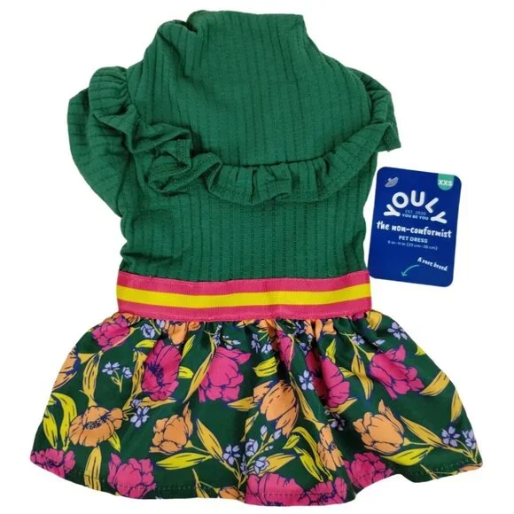 Youly Dog XXS 9 in Green Ruffle Shirt Floral Pet Dress
