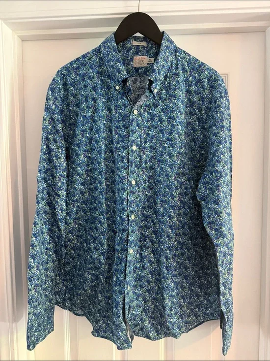 J. Crew Men's Blue and Green Micro Floral Button-Down Shirt