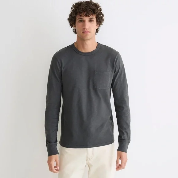 NEW J. Crew Garment-Dyed Slub Cotton Long-Sleeve Dark Gray T-Shirt w/ Pocket, XL