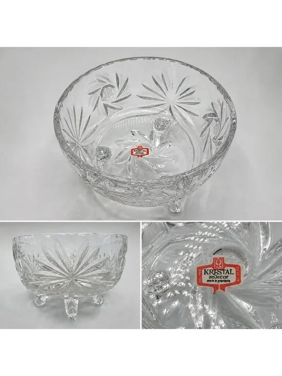 Kristal Zajecar Yugoslavian Crystal Footed Bowl with Floral Starburst Design