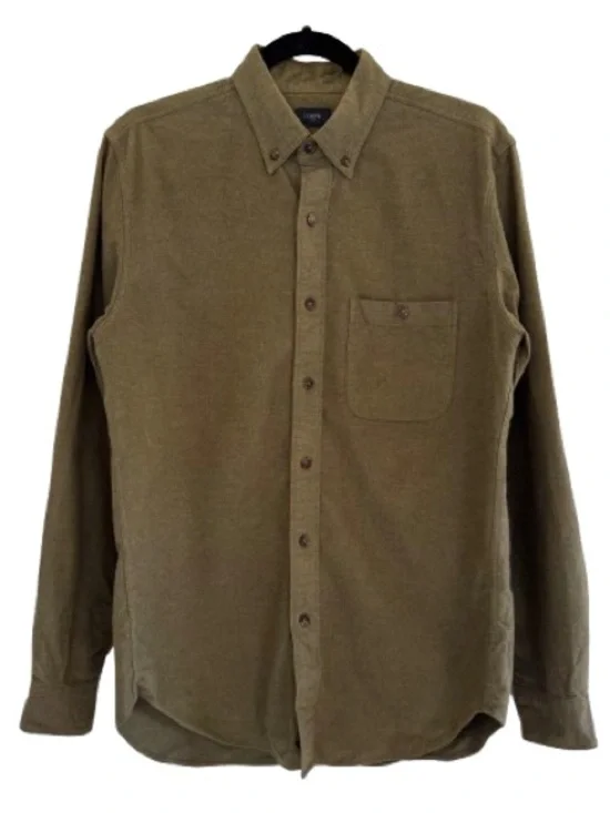 J. Crew Factory Long Sleeve Elbow Patch Cotton Button Down Shirt Green Brown
