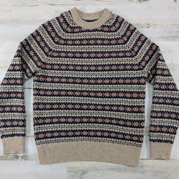 J. Crew 100%lambswool Men's Beige and Navy Crewneck Sweater