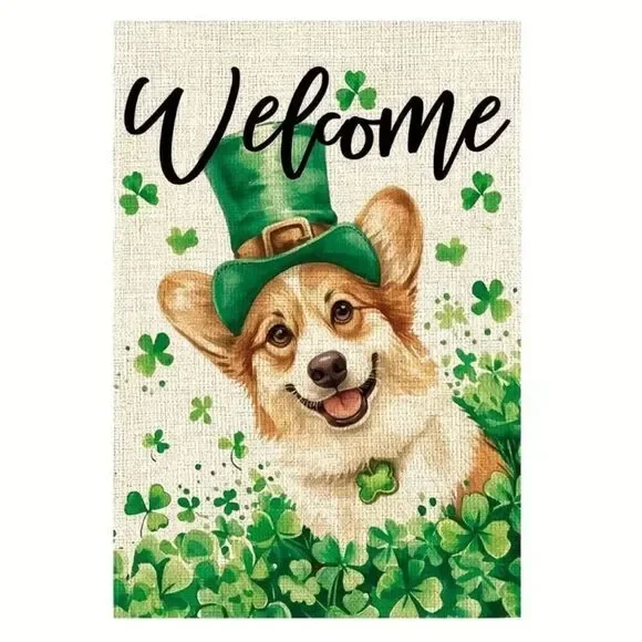 St Patricks Day Corgi Dog Garden Flag Shamrock Clover Welcome Yard Holiday Decor