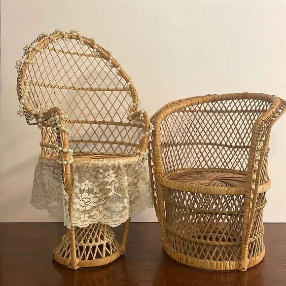 Peacock Chair-style Plant Stands / doll chairs wicker rattan boho decor MCM
