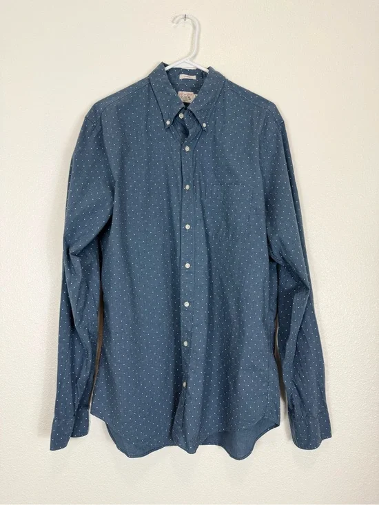 J. Crew Button Down Shirt Secret Wash Classic Fit Blue White Polka Dot