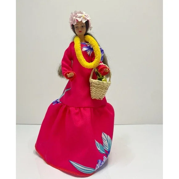 Vintage Makaleka‎ Hawaiian Doll Handmade Red Muumuu Dress Tapa Mache Face W. Tag