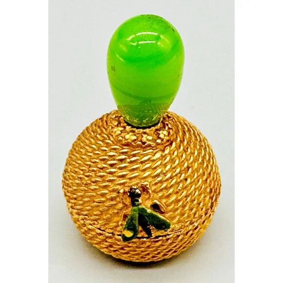 FLORENZA Jewelry Trinket Pill Box Insect Bug Bee‎ Enamel Hive Green Glass Top